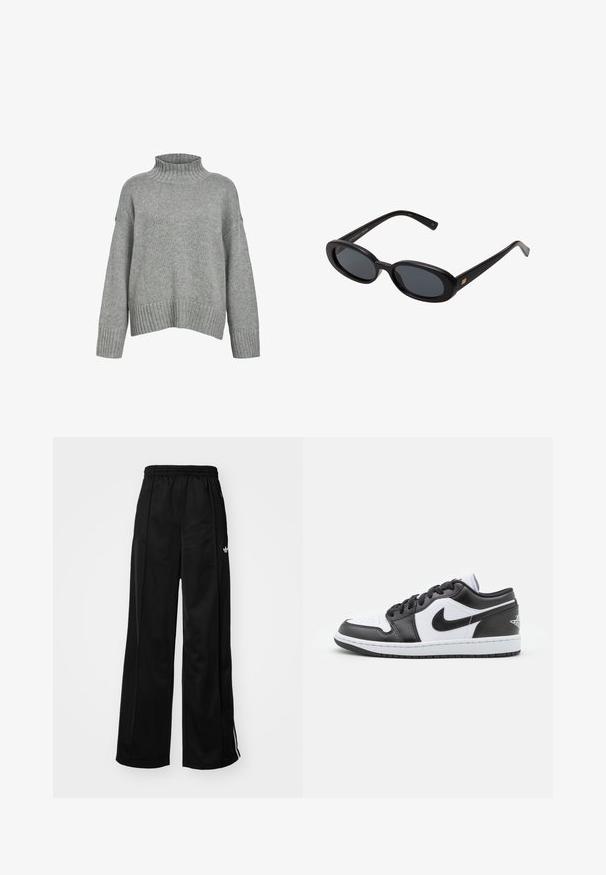 Maglione grigio chiaro, lavorato a maglia, con colletto alto a costine, spalle scese e polsini e orlo a costine, caratterizzato da una finitura testurizzata.; T-shirt cropped bianco a maniche lunghe, realizzato in tessuto morbido, presenta un collo rotondo e una vestibilità rilassata con maniche a giro. Design semplice e pulito.; Pantaloni da tuta neri a gamba larga con vita elasticizzata, caratterizzati da strisce laterali bianche e un piccolo logo sull'anca sinistra. Tessuto liscio.; Le sneaker Nike a basso profilo in bianco e nero presentano una tomaia in pelle liscia, punta rotonda, chiusura con lacci e una suola in gomma con un motivo.; Occhiali da sole neri oversize con lenti ovali, montatura in plastica liscia e accenti dorati sulle tempie. Le lenti scure offrono protezione dal sole.