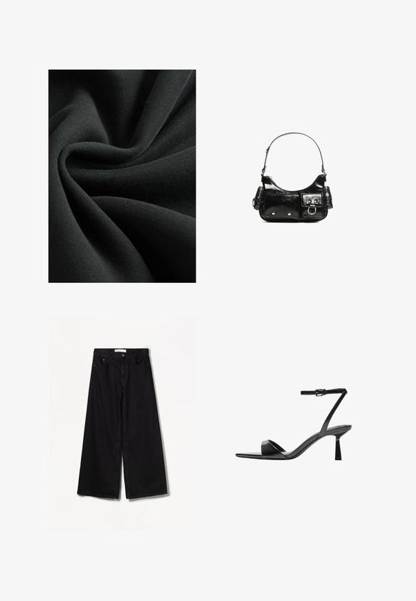 Schwarzer Stoff mit einer glatten, weichen Textur, die an einen leichten Strick erinnert. Das Material fällt in Falten und zeigt einen subtilen Glanz.; Bershka WIDE-LEG - Wide Leg - black; Bershka High Heel Sandalette - black; Schwarze Lackleder-Handtasche mit geschwungenem Design, einem Schulterriemen, Vordertaschen und silberfarbenen Hardware-Akzenten.