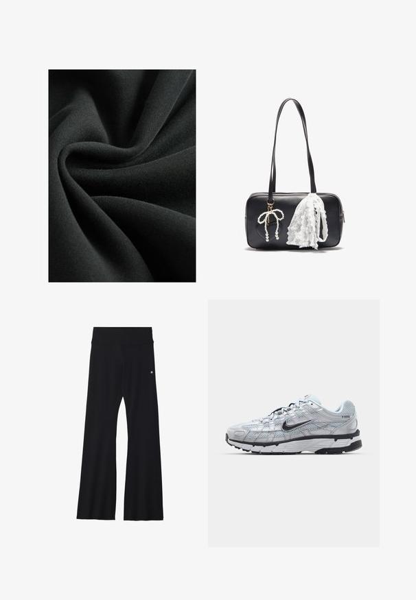 Sort stof med en glat, blød tekstur, der minder om et let strik. Materialet falder i folder og har en subtil glans.; Sorte flared yoga bukser i strækbart stof, med en bred talje og et lille logo nær hoften. Glat tekstur, uden mønstre.; Nike P-6000 sneakers med en lys grå mesh overdel, sorte accenter og en holdbar sort gummisål. Har et detaljeret design og snøresystem.; Even&Odd Håndtasker - black