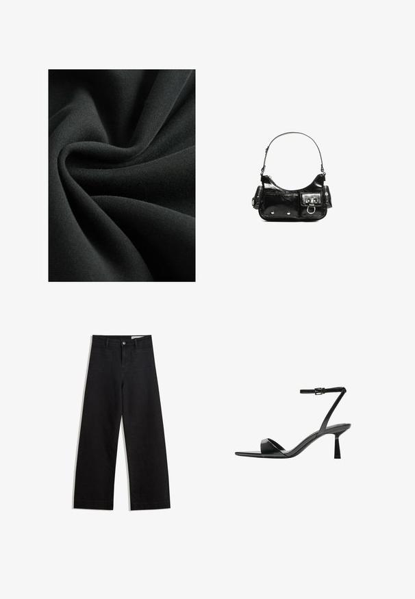 Sort stof med en glat, blød tekstur, der minder om et let strik. Materialet falder i folder og har en subtil glans.; Sorte wide-leg denim bukser med høj talje, der har front- og baglommer, syede sømme og en knaplukning. Glat tekstur.; Bershka Højhælede sandaletter / Højhælede sandaler - black; Sort patenteret læder håndtaske med en buet form, en skulderrem, frontlommer og hardware accenter i sølvfarve.