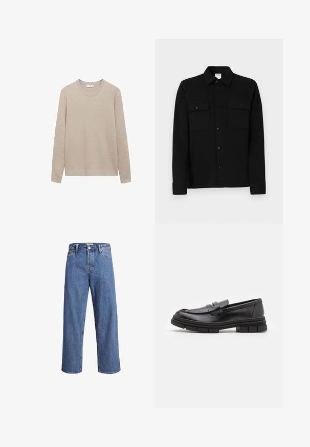 Pulover bej din tricot cu model rib, cu guler rotund, mâneci lungi și tiv drept. Textură moale și culoare neutră, potrivită pentru stratificare.; Cămașă neagră cu nasturi, realizată dintr-un material neted, având două buzunare pe piept, guler tip point și manșete cu nasture. Design simplu, cu detalii minime.; Jeanși din denim de un albastru deschis, cu un design drept, talie înaltă și detalii de cusătură minime. Materialul are o textură moale, ușor decolorată.; Loaferi din piele neagră cu un finisaj neted, având un detaliu cu bretea frontală și o talpă din cauciuc masivă cu accente striate.