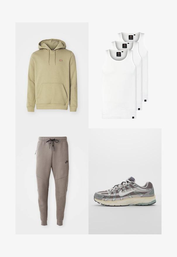 Olivenfarget hettegenser laget av myk bomullsblanding, med kengurulomme, justerbar snor og en liten logo-patch på brystet.; Tre hvite ribbestrikkede tank topper laget av bomull. Har en rund hals og små svarte etiketter nær kanten. Tilgjengelig i flere størrelser.; Grå Nike joggebukser med snor i midjen, smale ben, sidelommer og distinkte sømdetaljer. Myk, teksturert stoff.; Grå treningssko med overdel i nett og semsket skinn, hvite detaljer, en polstret såle, og et særpreget design med reflekterende elementer.