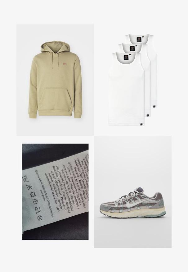 Olive zaļš hoody, kas izgatavots no mīksta kokvilnas maisījuma, ar kenguru kabatu, regulējamu auklu un mazu logotipa plāksteri uz krūtīm.; Trīs baltas ribotas krūšturi, kas izgatavoti no kokvilnas. Iezīmēti ar apaļu kakla izgriezumu un maziem melniem etiķetēm tuvu apakšmalai. Pieejami vairākos izmēros.; Etiķete ar daudzvalodu tekstu, aprūpes simboliem un pārstrādes ikonām, drukāta uz mīksta auduma līdzīga materiāla gaišā krāsā.; Pelēkie sporta apavi ar tīkla un zamša augšdaļu, baltiem akcentiem, mīkstinātu zoli un izcilu dizainu ar atstarotājiem.