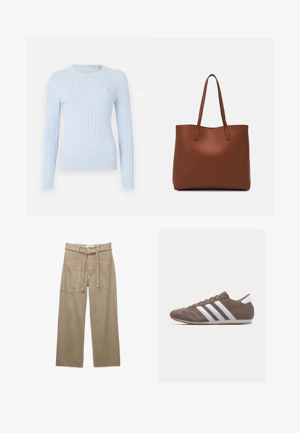 Pullover azzurro chiaro a coste con maniche lunghe, scollatura rotonda e polsini a costine. Presenta un piccolo logo sul petto. Tessuto morbido.; Pantaloni beige a gamba larga realizzati in un tessuto resistente, con ampi tasconi frontali, una cintura intrecciata e dettagli di cucitura sottili.; Scarpa sportiva in suede marrone con strisce bianche, punta tonda, design con lacci e suola in gomma. Parte superiore testurizzata con dettagli cuciti.; Borsa tote in pelle marrone con texture liscia, design con apertura superiore e due spallacci. Presenta cuciture minime e nessun hardware visibile.