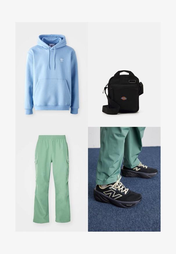 Šviesiai mėlynas hoodie, pagamintas iš medvilnės mišinio, su kengūros kišene, reguliuojamu raišteliu ant galvos ir maža balta logo ant krūtinės.; Šviesiai žali cargo kelnės su elastinga juosta, pagamintos iš lygaus audinio, su dviem šoniniais kišenėmis ir tiesiu kirpimu.; Juoda sportinė avalynė su tinkline viršutine dalimi, kremine apdaila ir storesniu paminkštintu padu. Poruojama su žaliomis, aptemptomis kelnėmis.; Juodas per petį nešiojamas krepšys su užtrauktuku, stačiakampio formos, pagamintas iš audinio, su logotipo siuviniu priekyje, reguliuojamo ilgio petneša.