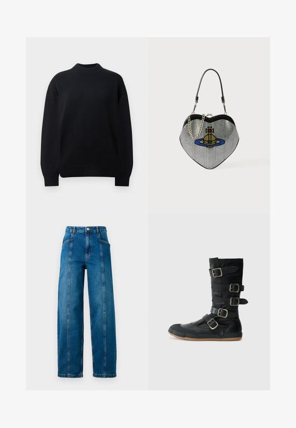 Melna adīta džemperis ar ribotu apaļu kakla izgriezumu, kritušām plecu šuvēm un ribotām piedurknēm un apakšmalu. Vienkāršs, vienkrāsains dizains.; Augstās jostas, zila denima bikses ar platiem kājiem, priekšējām vertikālām šuvēm, sānu kabatām, jostas cilpām un pogu aizdari.; Melnas ādas zābaks ar vairākiem sudraba sprādzēm, noapaļotu purngalu un gumijas zoli. Garš dizains ar gludu tekstūru un izturīgu konstrukciju.; Sirds formas somiņa izgatavota no sietiņmateriāla ar metālisku apdari, ar kaķa un planētas dizainu zilos, dzeltenos un sarkanajos toņos. Ietver ķēdes siksnu.