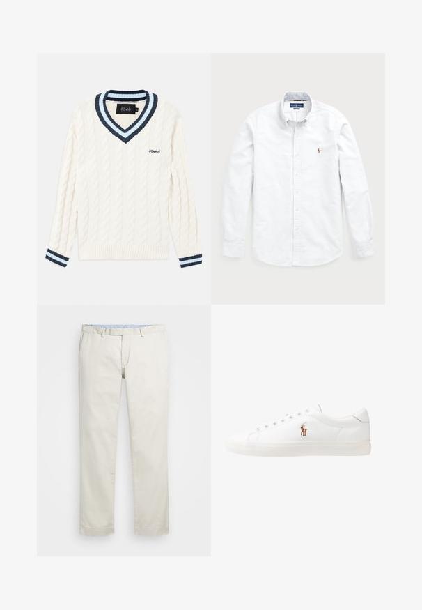 Krém színű kötött pulóver kábelmintával, V-nyakkal, navy kék és világoskék csíkos díszítéssel a galléron és az ujjak végén.; Fehér, hosszú ujjú, gombos ing, pamutból készült. Széles gallérral, gombos záródással és egy kis hímezett logóval rendelkezik a mellkasán.; Beige pamut chinin, lapos elülső résszel, övhurkokkal és oldalsó zsebekkel. Egyenes lábú kialakítás, sima textúrával és könnyű, lélegző érzettel.; Fehér bőr sportcipők, alacsony fazonban, sima textúrával, kerek orral, fűzős előlappal és egy kis hímezett logóval az oldalon.