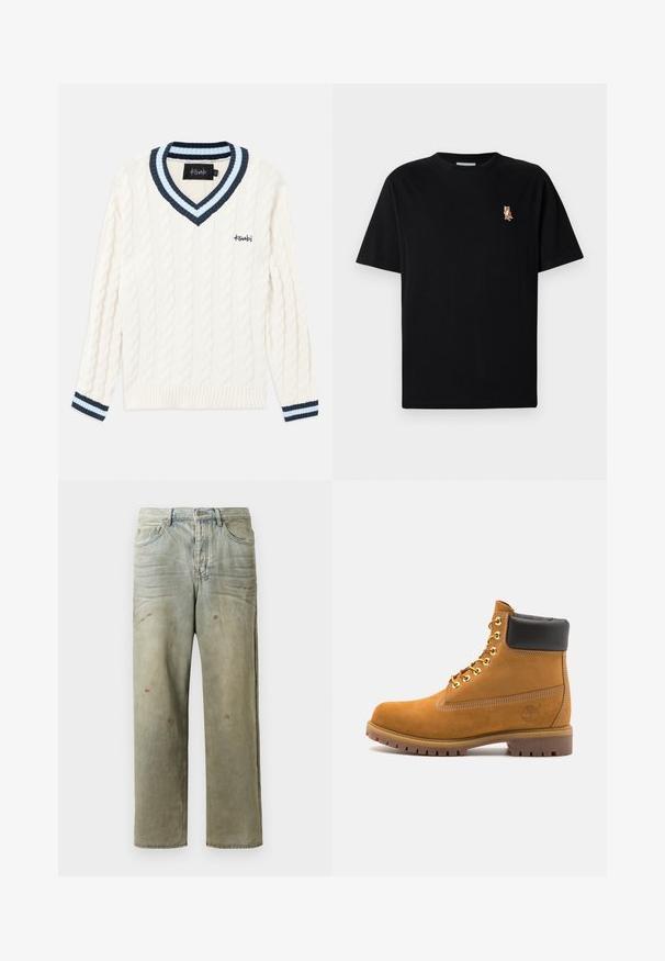 Krém színű kötött pulóver kábelmintával, V-nyakkal, navy kék és világoskék csíkos díszítéssel a galléron és az ujjak végén.; Fekete, rövid ujjú, kerek nyakú póló, bal mellen kis hímzett narancssárga róka logóval.; Fakó zöld, kopott farmerszadrág, egyenes lábbal, ötk zsebes kialakítással, egyenetlen kopással és festékcseppekkel.; Barna velúr bokacipő fekete párnázott gallérral, arany fém fűzőlyukakkal, fehér varrási részletekkel és durva gumitalppal, amelynek kifejezett barázdái vannak.