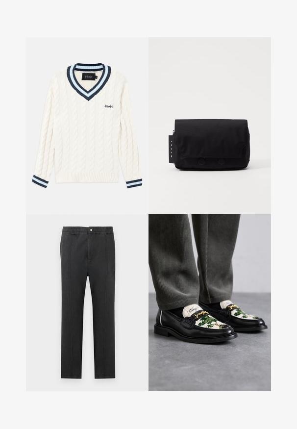 Krém színű kötött pulóver kábelmintával, V-nyakkal, navy kék és világoskék csíkos díszítéssel a galléron és az ujjak végén.; Fekete nadrág gumis derékpánttal, sima elejű, két oldalzsebbel és díszítő varrással. Nincsenek látható minták vagy fém kiegészítők.; Fekete bőr mokaszinok zöld és fehér díszített textil felsőrésszel. Aranylánc díszítéssel és textúrált fekete talppal rendelkezik.; Fekete üzenetküldő táska texturált szövetből. Jellemzője egy fedélzár, két kör alakú gombbal, cipzáros zseb és egy címke a márkanevével.
