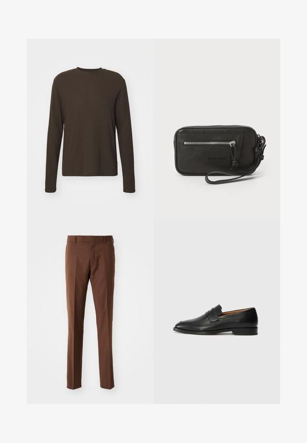 Dug kaljčičasti majica dugih rukava u tamnosmeđoj boji. Izrađena od glatkog, rastezljivog materijala s ravnim krojem i minimalnim šavovima. Bez uzoraka ili akcenta.; Smeđe krojene hlače s ravnim prednjim dijelom, ravnim nogavicama, glatkom teksturom i petljama za pojas. Nema vidljivih uzoraka ili metalnih detalja.; Crni kožni loafer s okruglim vrhom, suptilnim šavovima i niskim petama, s glatkom teksturom i minimalističkim dizajnom.; Crna kožna torbica s teksturiranom površinom, prednjim zip džepom i odvojivom narukvicom. Ima oznaku s logom sprijeda. Pravokutni oblik.