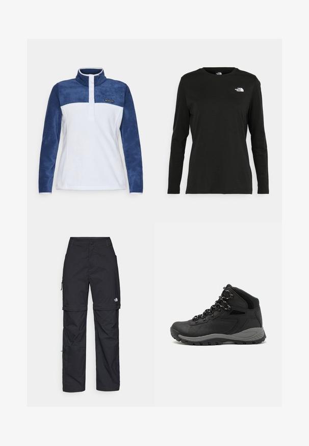 Pulover od flisa, bijelo tijelo s mornarsko plavim rukavima, visoki ovratnik, placket s tri gumba, Columbia logo na prsima, mekan na dodir.; Crni dugih rukava majica od pamuka s okruglim izrezom. Ima mali bijeli logo na lijevoj strani prsnog područja. Jednostavan dizajn i kroj.; Crne najlon hlače s munjevim zatvaranjem, odvojive cargo hlače s podesivim manžetama, brojnim džepovima i logom na desnoj nozi. Glatka, lagana tekstura.; Crne planinarske čizme s dizajnom srednjeg vrha, sa teksturiranim gornjim dijelom, sivim akcentima i izdržljivom gumom potplatom s uzorkom za prianjanje.