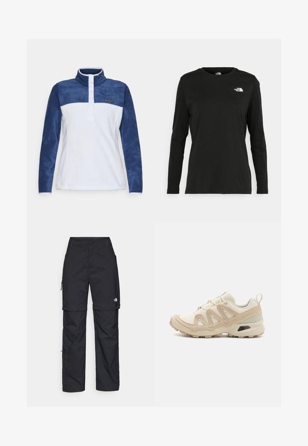 Fleece-pullover, vit kropp med marinblå ärmar, hög krage, placket med tre knappar, Columbia-logotyp på bröstet, mjuk textur.; Svart långärmad t-shirt i bomull med rund hals. Har en liten vit logotyp på vänster bröstområde. Enkelt design och passform.; Svarta nylonbyxor med avtagbara ben, justerbara muddar, flera fickor och en logotyp på högra benet. Slät, lätt textur.; Beige och krämfärgad atletisk sko med texturerad meshovandel, stöttande överdrag och gummisulor med ett mönster för grepp.