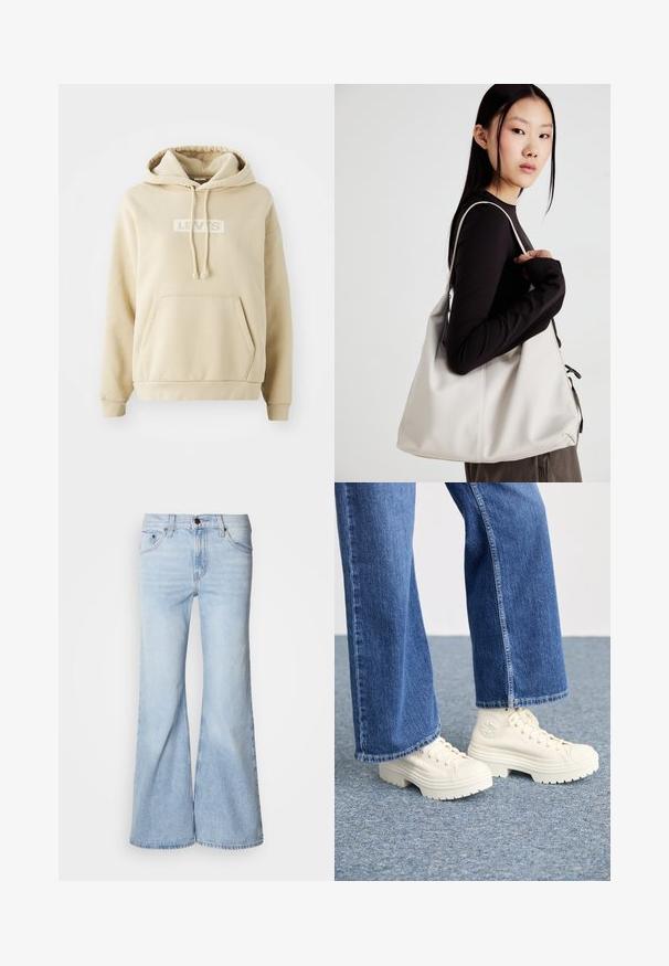Beige kapucnis pulóver elülső kenguru zsebbel, húzózsinórral ellátott kapucnival és fehér "LEVI's" logóval a mellkason. Puha anyagú textúra.; Világoskék szárban bővülő farmer, magasan kialakított derékkal, farmeranyagból, öt zsebbel és gombos záródással. A nadrágszárak szélesek és enyhén kifakult hatásúak.; Fehér magas szárú sportcipők vastag, bordás talppal és kör alakú logó részlettel, világoskék, bőszárú farmernadrággal viselve.; Puha anyagból készült bézs kézitáska, laza dizájnnal, varrott részletekkel és két vállpánttal. Mindennapi használatra alkalmas.