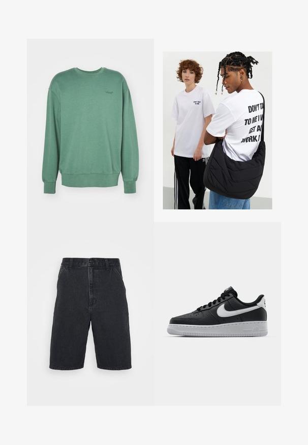 Zöld pulóver hosszú ujjal, kerek nyakkal, bordás mandzsettával és egy kis fekete logóval a mellrészen. Puha, texturált pamut anyag.; Fekete farmer rövidnadrág, egyenes szabással, gombos záródással és két oldalsó zsebbel. Félkész szegély finom kopásos részletekkel.; Fekete bőr edzőcipő mintás felülettel, fehér Nike logóval, szürke talppal, kerek orral és fűzős dizájnnal. Az orr részen perforációk találhatóak.; Fekete steppelt válltáska puha textúrával, egy fehér grafikás pólót viselő személyen, amely bátor szöveget tartalmaz. Lazán öltözködik farmernadrágban.