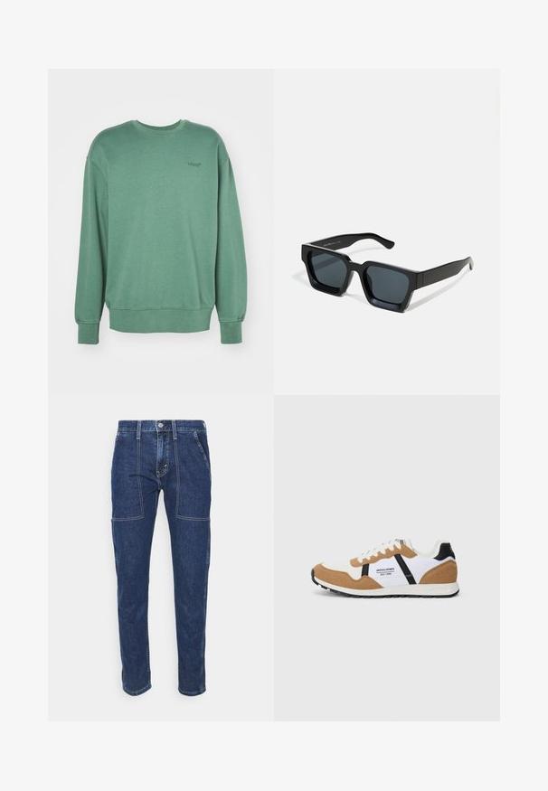 Grønn hettegenser med lange ermer, rund hals, ribbede mansjetter og en liten svart logo på brystet. Klærne er laget av mykt, teksturert bomullsmateriale.; Mørkeblå denimjeans med rett passform, synlige sømmer, to frontlommer og glidelås i gylfen. Stoffet har en jevn tekstur.; Retro-inspirert sneaker med hvit, tan semsket skinn, svarte detaljer, hvite snørebånd og "Jack & Jones EST. 1990" logo på siden.; Svarte rektangulære solbriller med mørke linser. Tykk, glatt plastramme med lett glanset overflate og rette stenger.