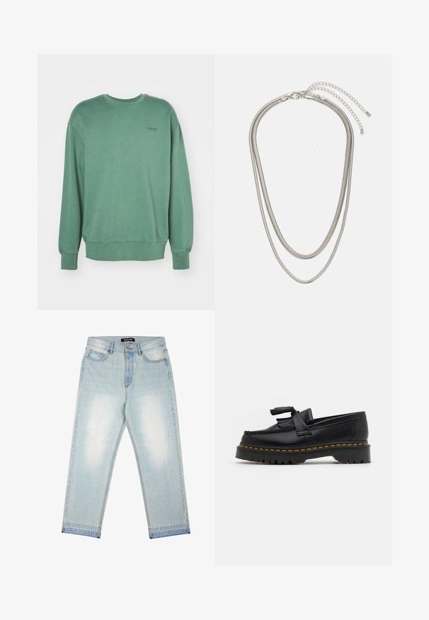 Zelená mikina s dlhými rukávmi, okrúhlym výstrihom, rebrovanými manžetami a malým čiernym logom na hrudi. Mäkký, textúrovaný bavlnený materiál.; Pegador BARROW - Džínsy široké - sand washed blue; Čierne kožené loafre s detailom na strapcoch, s masívnou čiernou podrážkou a žltým prešitím pozdĺž okraja. S textúrovaným povrchom.; Trojvrstvový náhrdelník zo strieborného kovu s elegantnými, flexibilnými reťazami s jemným leskom, zabezpečený sponou typu langusta a nastaviteľným reťazcom.