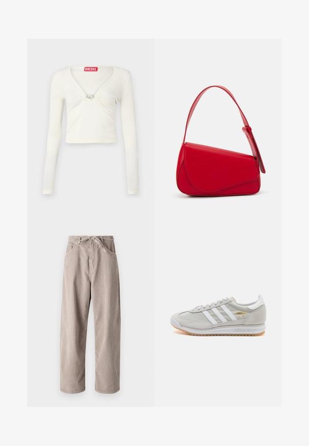 Balta ilgomis rankovėmis trumpa viršutinė dalis su V formos iškirpte ir centriniu metaliniu akcentu. Minkšta medžiaga su susiraukšlėjimais priekyje. Prekinis ženklas ant kaklo.; Šviesiai rudi kordūriniai kelniai, laisvo kirpimo, su raišteliu reguliuojamu juosmeniu, dviem priekinių kišenėlių ir vertikalia juostele.; Šviesiai pilki sportbačiai, pagaminti iš zomšos ir tinklinės medžiagos, su trimis baltais dryžiais, apvaliu pirštu ir guma padu. Auksinė logotipo detalė šalia raištelių.; Raudona odinė rankinė su kampuota, geometrine forma. Pasižymi viena reguliuojama dirželiu ir dangteliu su siuvinėtais dekoracijomis.; Sidabrinės pusmėnulio auskarai minimalistiniu dizainu. Apskritimo forma, lygus paviršius ir plonas profilis. Lengvi su poliruotu apdailu.