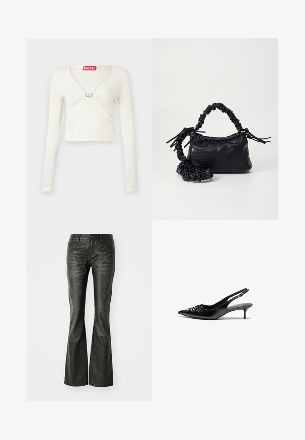 Fehér, hosszú ujjú crop top V-nyakkivágással és középen fém díszítéssel. Puha tapintású, az elején ráncolt részletekkel. Márkacímke a nyaknál.; Fekete műbőr, bővülő szárú farmernadrág elülső zsebekkel, fémből készült gombos záródással és enyhén textúrázott felülettel. Egyenes szárú, hosszú fazon.; Fekete bőrből készült slingback magassarkú cipők hegyes orral, kis francia sarokkal és díszes csomóval az elején. Az egész felületen sima textúra.; Fekete műbőr kézi táska krokodil bőr textúrával, összehúzható tetejű és gyűrt pánttal. Lágy és kompakt dizájnúnak tűnik.