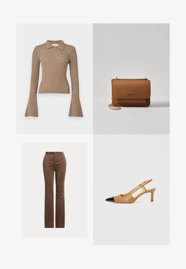 DESIGNERS REMIX CARMEN COLLAR - Maglione - camel; Pantaloni in corduroy marrone con design a gamba dritta, dotati di passanti per cintura, tasche anteriori e una delicata rigatura verticale per texture.; Tacchi slingback color cuoio con punta nera appuntita, caratterizzati da lati traforati e tacco a blocco di media altezza. Materiale in pelle liscia.; Borsa a tracolla in pelle marrone con texture, dotata di catena dorata e chiusura a pattina. Sul davanti presenta un dettaglio con logo e una tasca sotto la pattina.