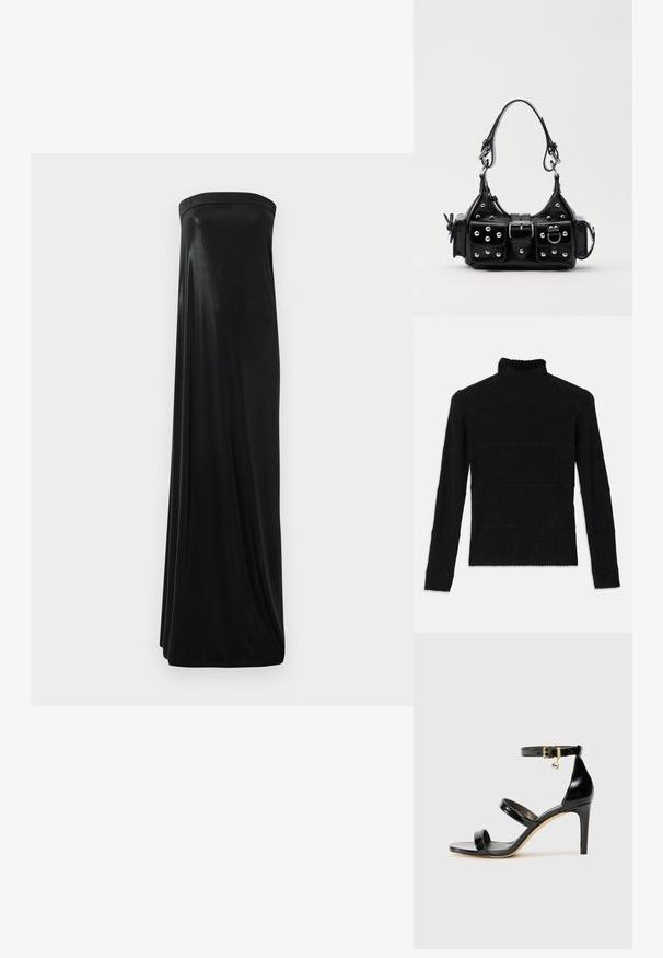 Černý žebrovaný rolák s dlouhými rukávy a texturovaným povrchem. Obsahuje vodorovné pruhy a vlnkovaný lem na rukávech.; Černé dlouhé šaty bez ramínek vyrobené z hladké, lesklé textilie. Mají přiléhavý korzet a splývavý střih, sahající až k zemi, bez ozdob.; Černé lakované kožené sandály se třemi pásky, sponou na kotníku a 10 cm jehlovým podpatkem. Obsahují zlaté kovové detaily a logo přívěsek.; Černá kožená kabelka s křivkovým designem, zdobená stříbrnými hřebíky, s přezkou a dvěma bočními kapsami. Nastavitelný popruh pro různé možnosti nošení.