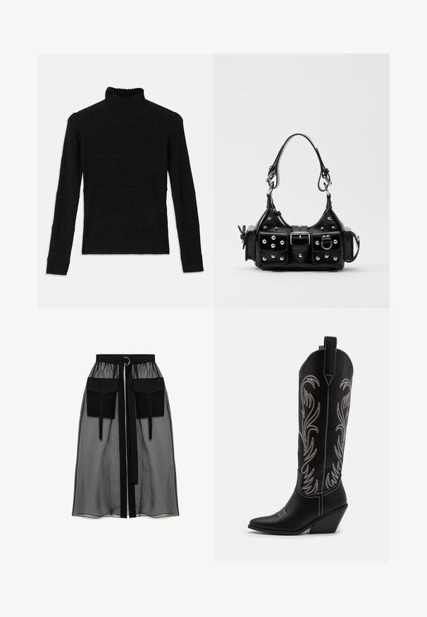 Crni rebrasti džemper s visokim ovratnikom i dugim rukavima s teksturiranim završetkom. Ima horizontalne pruge i valoviti rub na rukavima.; Crna prozirna suknja s nabranim pojasom, koja ima dva velika prednja džepa, remen oko struka i okrugli metalni detalj.; Crne kožne kauboj čizme s šiljastim prstima, klinastim potpeticama i srebrnim izvezenim cvjetnim uzorcima duž osovine. Kontrastni šavovi posvuda.; Crna kožna torba s zakrivljenim dizajnom, koja sadrži srebrne zakovice, kopču i dva bočna džepa. Podesiva traka za različite opcije nošenja.
