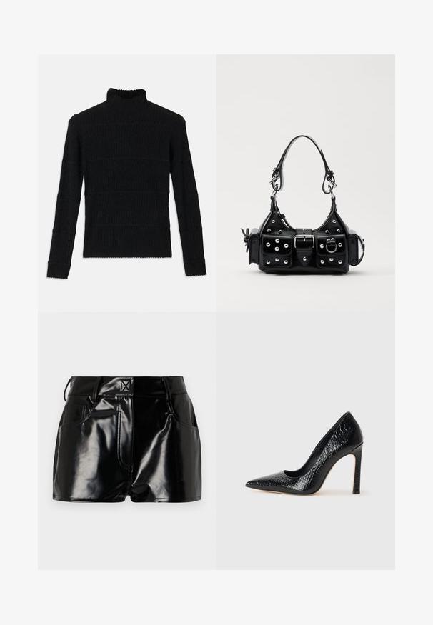 Črna rebrasta turtleneck pulover s dolgimi rokavi in teksturiranim zaključkom. Ima vodoravne črte in valovit rob pri rokavih.; Črne, sijoče kratke hlače iz sintetičnega materiala. Imajo prilegajoč pas, zanke za pas in sprednje žepe z izrazitimi šivi.; Črne čevlje z visoko peto in konico v obliki puščice, z teksturo krokodilje kože, ki se ponašajo s sleek oblikovanjem, visokim stiletto peto in gladkim črnim notranjostjo.; Črna usnjena torbica s ukrivljenim dizajnom, ki vsebuje srebrne žebljičke, zaponko in dve stranski žepki. Nastavljiv trak za različne možnosti nošenja.