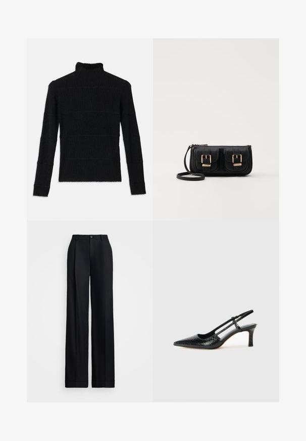 Melna ribota turtleneck džemperis ar garām piedurknēm un teksturētu apdari. Iezīmējas ar horizontālām svītrām un viļņotu apakšmalu pie piedurknēm.; Melnas platās bikses ar gludu apdari, taisnu priekšpusi, jostas cilpām un vienu pogu aizdari jostasvietā.; Melna patent āda ar slīdošo papēdi un smailo purngalu, ar teksturētu čūsku drukājumu, regulējamu siksniņu un īsu teksturētu blokpapēdi.; Melnas ādas crossbody soma ar divām priekšējām kabatām, zelta sprādzēm, ar rāvējslēdzēju aizdari un šauru siksnu. Strukturēta virsma un kompakta taisnstūra forma.
