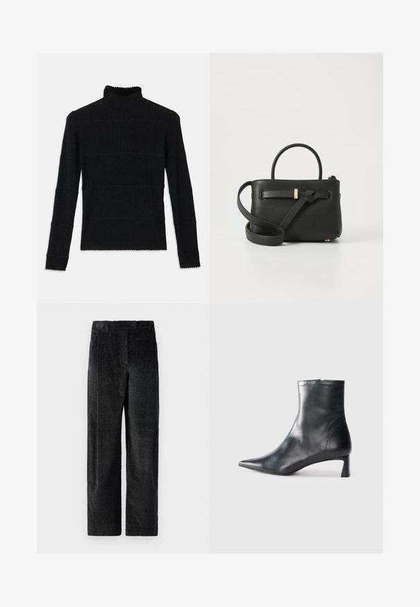 Sweater preto de gola alta com nervuras, mangas longas e acabamento texturizado. Apresenta riscas horizontais e um acabamento em ondas nas mangas.; Calças largas pretas, texturizadas, com um padrão de tecido pronunciado, apresentando pregas frontais e uma cintura plana. Design clássico para versatilidade.; Bota de tornozelo em pele preta com biqueira apontada e um design elegante. Apresenta um salto baixo e um fecho com zipper na parte de trás. Textura suave.; Bolsa de mão em pele preta com acabamento texturizado, alças superiores e uma alça ajustável longa. Apresenta um detalhe em metal dourado na parte da frente.