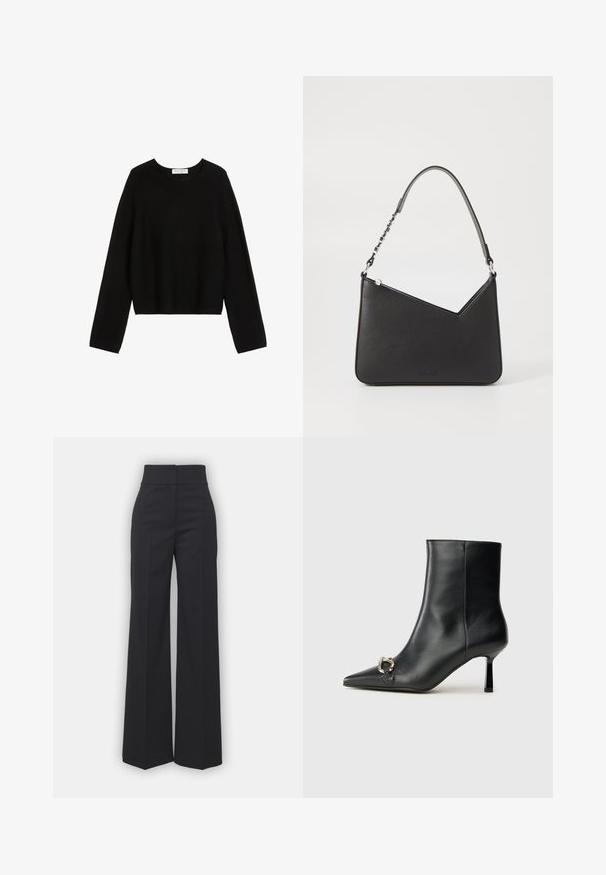 Sweater preto de malha com mangas longas, decote redondo e bainha cropped. Textura suave, design minimalista, sem padrões ou acentos visíveis.; Calças largas em tecido preto com um cós alto, apresentando um acabamento limpo e uma textura suave. Sem hardware ou padrões visíveis.; Bota preta de couro até ao tornozelo com bico apontado, salto slim de altura média e detalhe em fivela prateada de lado, contra um fundo simples.; Bolsa de couro preta com formato triangular, alça fina e detalhes em metal prateado. Apresenta um fecho com zíper e logótipo em relevo na parte frontal.