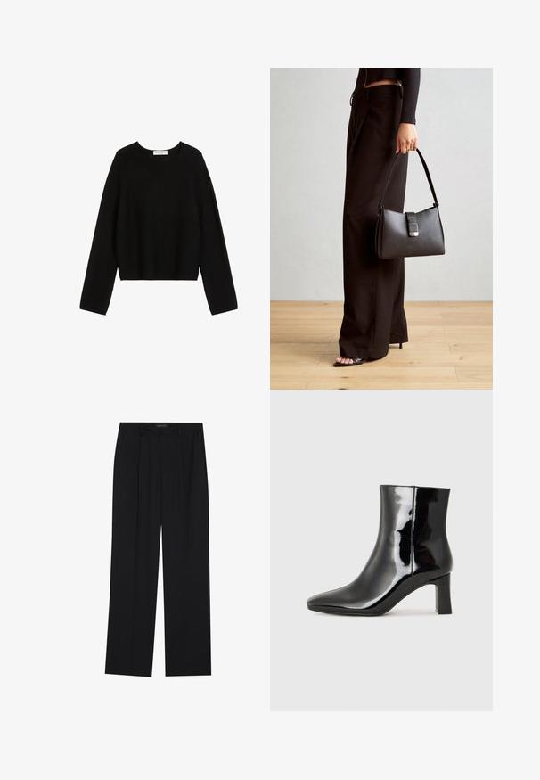 Zwarte gebreide trui met lange mouwen, ronde hals en een cropped zoom. Soepele textuur, minimalistisch ontwerp, zonder zichtbare patronen of accenten.; Zwarte broeken met een rechte pijpontwerp, voorzien van twee voorkanten zakken en een tailleband. Gemaakt van een gladde, lichte stof.; Zwarte gepolijste leren enkellaars met een spitse neus en een blokhak van gemiddelde hoogte. Glad textuur en minimalistisch ontwerp.; Zwarte handtas met gestructureerde vorm, gladde textuur en een metalen sluiting. Gecombineerd met brede zwarte broeken en sandalen met open teen op een houten vloer.