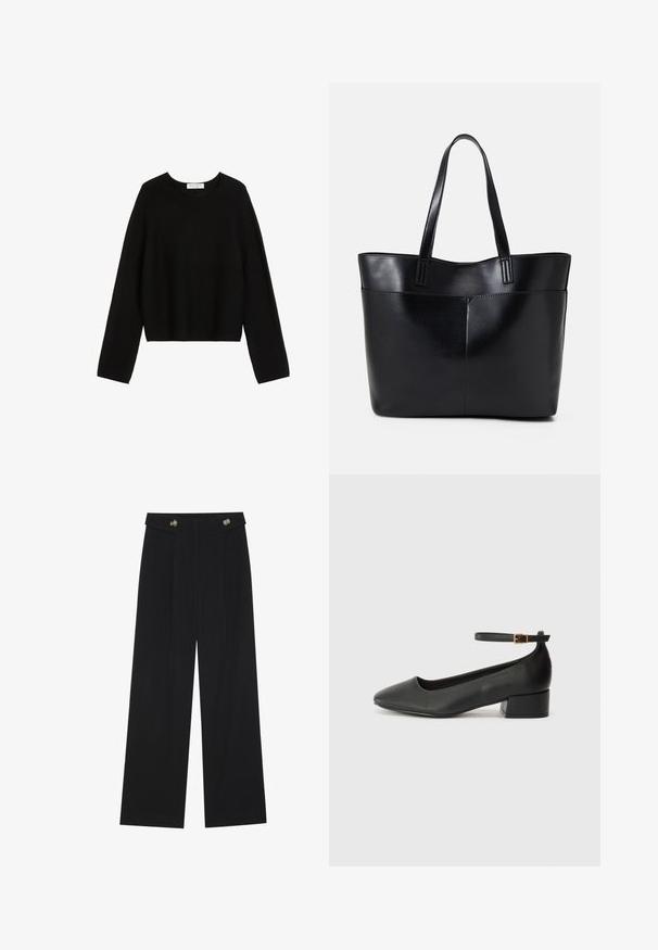 Črna pletena pulover s dolgimi rokavi, okroglo ovratnico in skrajšanim robom. Gladka tekstura, minimalističen dizajn, brez vidnih vzorcev ali akcentov.; Črne široke hlače s visokim pasom, gumbnimi detajli na pasu in sprednjimi gubami.; Črne usnjene pumpice z nazobčanimi prsti in nizko blokasto peto. Imajo trak okoli gležnja z zaponko v zlatem tonu. Gladka tekstura.; Črna usnjena torba z dvema dolgima ročajema, gladko teksturo in strukturirano obliko. Ima sprednji žep za dodatno shranjevanje.