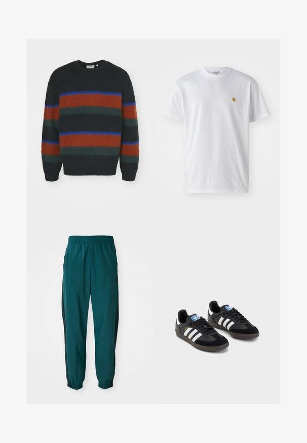 Carhartt WIP MERTON - Džemperis - brown; Balta kokvilnas t-kreklu ar īsām piedurknēm, apaļu kakla izgriezumu, ar mazu zelta logotipu kreisajā krūšu pusē. Mīksta tekstūra un regulāra piegriezuma.; Gaiši zili sporta bikses ar savelkamo jostu, elastīgām aprocēm un melnām svītrām sānos. Izgatavotas no viegla auduma, ar logo tuvu gurnam.; Melnas sporta apavas ar zamšādas un sintētisku augšdaļu, ar trim baltām svītrām, teksturētu gumijas zoli un zilu logo birku uz mēles.