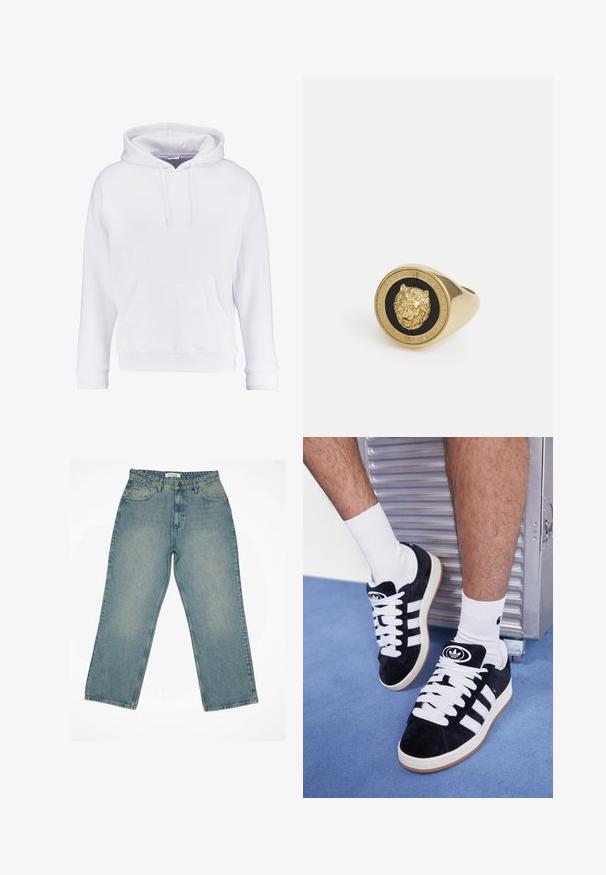 Biała bluza z kapturem, wykonana z miękkiego materiału, z regulowanym kapturem, kieszenią kangurką oraz ściągaczami przy rękawach i u dołu. Prosty, casualowy design.; Jasnoniebieskie dżinsy z wysokim stanem i szerokimi nogawkami. Posiadają przednie kieszenie, zamek błyskawiczny oraz widoczne detale wyszycia.; Czarne zamszowe sneakersy z białymi sznurówkami i trzema białymi paskami. Posiadają okrągłe czarne logo na języku i gumową podeszwę.; Pierścionek w kolorze złotym z wypukłym motywem lwa na czarnym tle, otoczony okrągłą obrączką z wygrawerowaną nazwą marki.