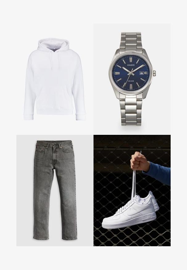 Valkoinen huppari, joka on valmistettu pehmeästä kankaasta. Siinä on nyörillä säätäminen hatussa, kengurupussi edessä sekä ribbaus hihansuissa ja helmassa. Yksinkertainen, rento muotoilu.; Harmaat farkkuhousut suoralla lahkeella, joissa viisi taskua, kupariset niitit ja näkyvät tikit. Klassinen malli vetoketjullisella etuaukolla.; Valkoiset nahkasneakersit, joissa on rei'ityksiä, pyöreä kärki, tasapohja ja paksut nauhat, joissa on näkyvä swoosh-logo ja "AIR" kantapäässä.; Harmaa ruostumaton teräs rannekello, jossa on tummansininen kellotaulu, metalliset tuntimerkit ja päivämääränäyttö kello 3:ssa. Vesitiivis 50 metriin asti.