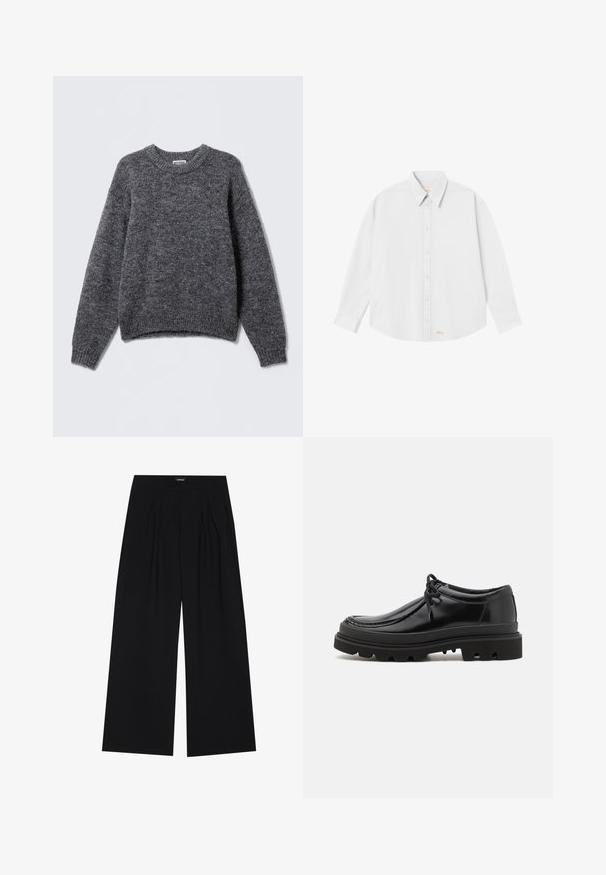 Grå strikket sweater med rund hals, lange ærmer og ribbede manchetter og nederkant. Blød tekstur med et subtilt, meleret mønster.; Hvid skjorte med knapper og klassisk krave, lange ærmer og rundet kant; har lille orange logo nederst til venstre.; YOURTURN UNISEX - Bukser - black; Sorte læder derby-sko med et strømlinet design, rund tå og struktureret gummisål med dybe riller for bedre greb.