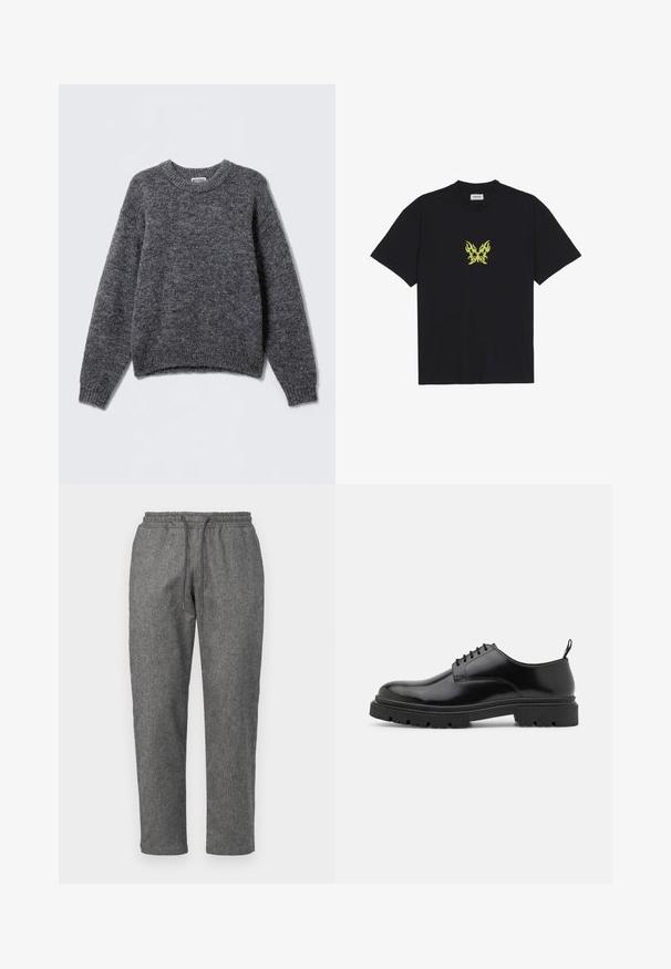 Maglione grigio lavorato a maglia con scollo rotondo, maniche lunghe e polsini e orlo a coste. Texture morbida con un sottile motivo melangiato.; T-shirt in cotone nero con una piccola grafica a farfalla con motivo a fiamma gialla sul petto. Collo a giro, maniche corte.; Pantaloni della tuta grigi, lavorati a maglia, con vita regolabile tramite cordoncino, gambe a sigaretta e un sottile motivo testurizzato su tutta la stoffa.; Scarpe stringate in pelle nera con punta arrotondata, texture liscia e suola in gomma rigata. Presentano un piccolo tacco e un pratico cinturino sul retro.