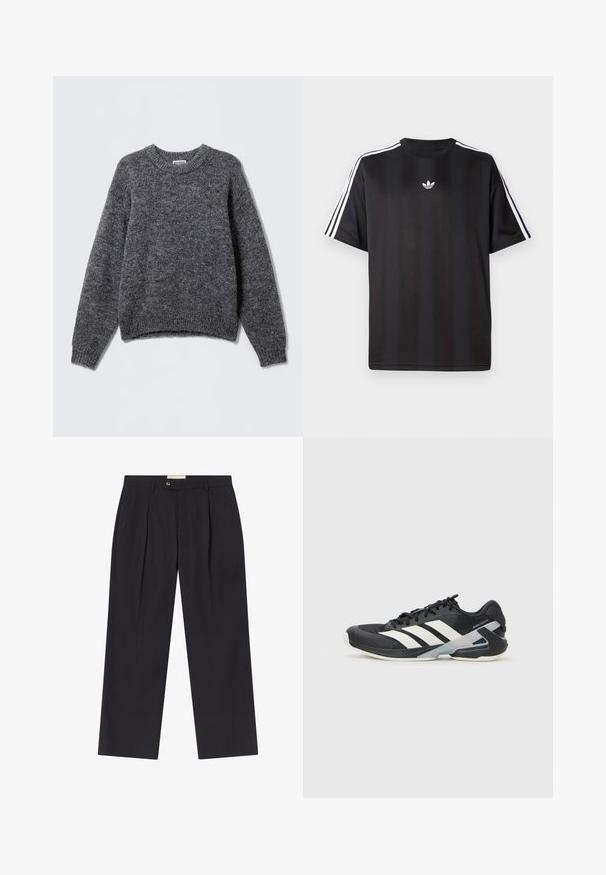 Hallikas kootud sviiter, millel on ümmargune kaelus, pikad varrukad ning soonik küünarnukid ja äär. Pehme tekstuur ja diskreetne, segatud muster kogu ulatuses.; Must t-särk lühikeste varrukatega musta värviga, millel on valged kolmerealised detailid õlgadel ja väike valge logo rinnal. Sile kangas.; Kohandatud tumehelesinised püksid kõrge vöökohaga, kahe esiliga, nööbi kinnitusega ja sirgete jalgadega siledast kangast.; Mustad sportlik jalanõud mustade värvidega, valgete triipudega, võrgusilma pealmine osa, ümar varvas ja pehme tallaga. Omab tekstureeritud kontsa ja kindlat paeltesüsteemi.