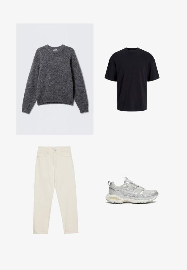 Pull en tricot gris avec un col ras du cou, des manches longues et des poignets et un ourlet côtelés. Texture douce avec un motif chiné subtil sur l'ensemble.; T-shirt en coton noir avec un col ras du cou, des manches courtes et une coupe décontractée. Texture lisse sans motifs ni accents visibles.; Jeans en denim beige avec une coupe droite, dotés de cinq poches, d'une fermeture par bouton et de détails de coutures subtils. Texture lisse.; Baskets de sport grises avec une tige en mesh, des superpositions synthétiques et une épaisse semelle blanche. Présente un collier rembourré et des accents texturés.