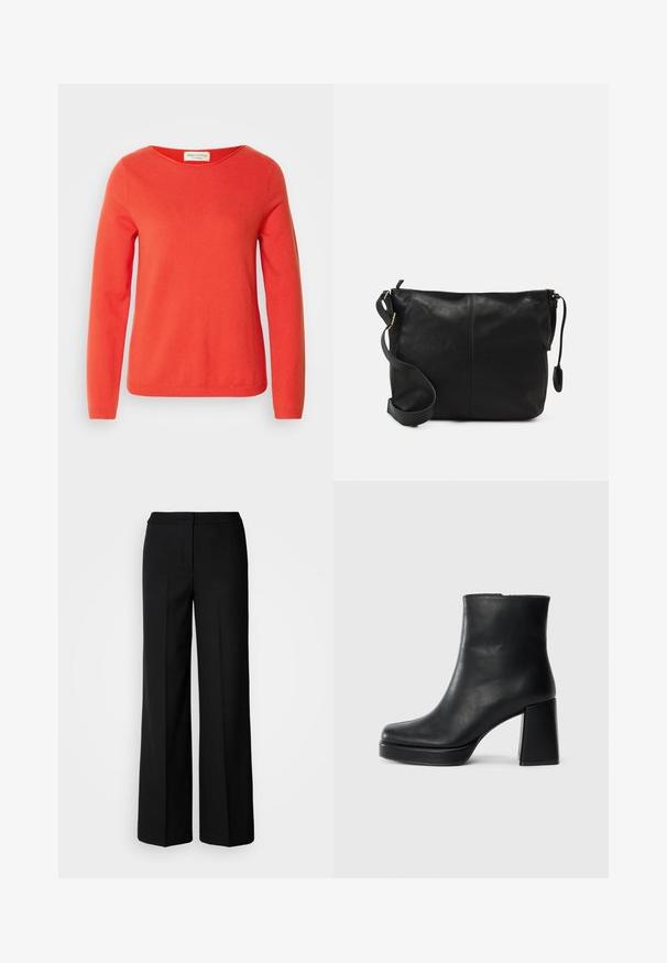 Maglione rosso a maniche lunghe realizzato in un tessuto morbido, con un ampio scollo e polsini a coste, dalla texture liscia e senza patterns visibili.; Pantaloni neri a gamba larga in tessuto morbido, con vita alta, cuciture sartoriali e design minimalista. Nessuna ferramenta visibile o tasche.; Stivale alla caviglia in pelle nera con tacco a blocco e suola platform, visto di lato su uno sfondo bianco uniforme.; Borsa a tracolla in pelle nera con forma piatta, dettagli in metallo dorato e tracolla regolabile. Texture liscia con dettagli di cucitura minimi.