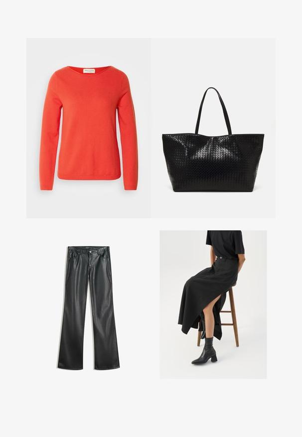 Punainen pitkähihaisessa neulepuserossa on pehmeä kangas, leveä pääntie ja raidoitetut hihansuut. Sen pinta on sileä ja siinä ei ole näkyviä kuvioita.; Mustat keinonahkaiset flared-housut, joissa on sileä rakenne, viisi taskua, vetoketju edessä ja kontrastivärinenniitit.; Musta pellavasta valmistettu maxi-hame, jossa on korkea halkio, puettuna mustan t-paidan ja mustien nilkkabootsien kanssa. Minimalistinen muotoilu, rento istuvuus.; Musta kudottu kassi, jossa on kaksi vankkaa kahvaa, näyttävästi kiiltävä rakenne ja tilava avoin yläosa.