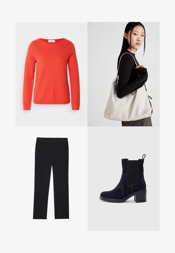 Red long-sleeve sweater made from soft fabric, featuring a wide neckline and ribbed cuffs, with a smooth texture and no visible patterns.; Black trousers with a straight leg design, featuring side pockets and a smooth fabric texture. Minimal detailing, clean waistband.; Navy blue suede ankle boot with elastic side panel, rounded toe, and block heel. Textured fabric and smooth sole add contrast.; Beige handbag made of soft material, featuring a slouchy design, stitched detailing, and two shoulder straps. Suitable for everyday use.
