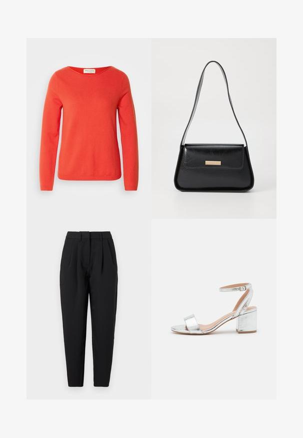 Rdeča dolga majica s dolgimi rokavi, izdelana iz mehkega materiala, z širokim izrezom in rebrastimi manšetami, gladke teksture in brez vidnih vzorcev.; Črne hlače ravnega kroja, z gubami spredaj, gladko teksturo in stranskimi žepi. Pas je standardne višine.; Srebrni metalni sandali na visokom potpetici s remenom oko gležnja, otvorenim nosom i blok petom. Glatka tekstura s sjajnim finišem.; Črna usnjena torbica z obliko trikotnika, ozkim trakom in zlatimi dodatki, ki vključujejo oznako na sprednjem poklopcu.