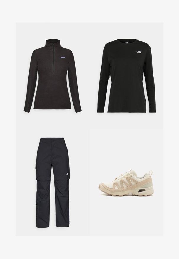Pullover de fleece preto texturizado com mangas longas, um fecho de zíper até um quarto na parte da frente, e um pequeno emblema no lado esquerdo do peito.; T-shirt preto de mangas longas, feito de algodão, com decote redondo. Apresenta um pequeno logótipo branco na área esquerda do peito. Design simples e ajuste confortável.; Calças cargo pretas em nylon com fechos de correr removíveis, punhos ajustáveis, múltiplos bolsos e um logótipo na perna direita. Textura suave e leve.; Sapatilha atlética beige e creme com parte superior em malha texturizada, sobreposições de suporte e sola de borracha com um padrão de cravo para tração.