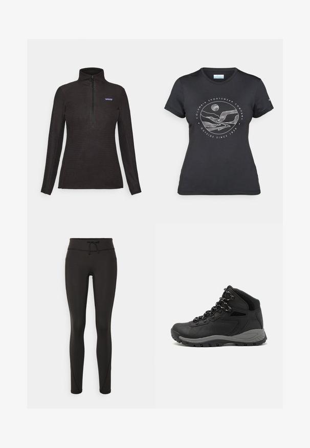 Črni teksturirani flis pulover z dolgimi rokavi, četrtim zadrgo spredaj in majhnim logotipom na levem prsnem delu.; Črna majica Columbia z belim krožnim risanjem gora in reke ter napisom "Columbia Sportswear Company Outside Since 1938."; Črne legice z visokim pasom, vrvico za zavezovanje, gladko teksturo in prilegajoč dizajn. Imajo šivane detajle ob straneh.; Črne pohodniške čevlje z srednje visokim dizajnom, ki imajo teksturirano zgornji del, sivi dodatki in vzdržljiv gumen podplat s protizdrsnimi izboklinami.