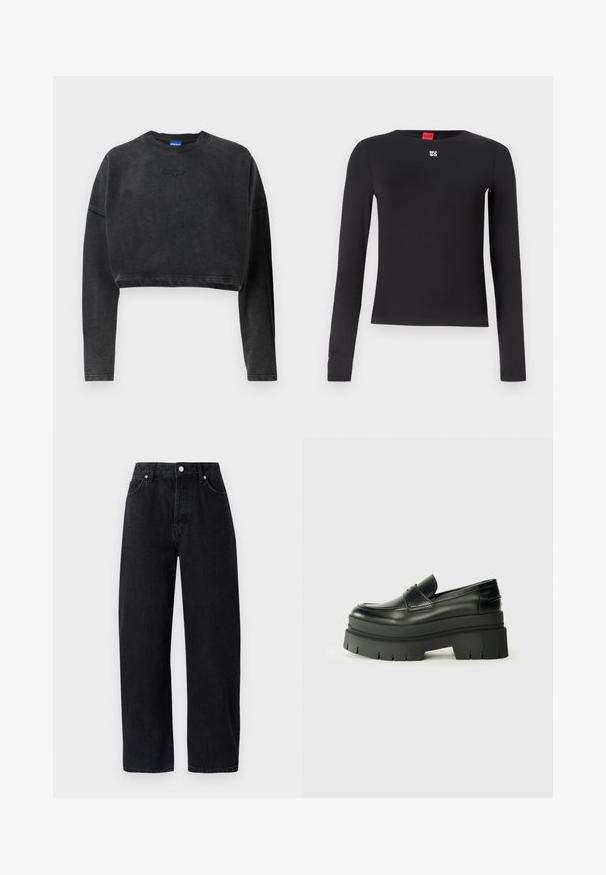 Felpa nera tagliata in morbido tessuto, presenta un colletto e polsini a costine, con un logo goffrato discreto sul davanti.; Maglietta nera a maniche lunghe realizzata in un tessuto liscio. Presenta un collo a giro e un piccolo logo argento sul petto. Design minimalista.; Jeans in denim nero a vita alta e gamba dritta, con cinque tasche, rivetti in metallo e cuciture tono su tono. Texture liscia, design minimalista.; Mocassini neri in pelle con suola piatta spessa. Punta arrotondata, dettaglio della cucitura frontale e accenti di cucitura sottili. Suola piatta e testurizzata.