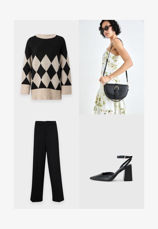 Fekete és krémszínű pulóver, gyémántmintával, kerek nyakkivágással, széles ujjal és texturált kötött felülettel.; Fekete, széles szárú nadrág sima anyagból, klasszikus derékrésszel, gombzárral és elülső redőkkel.; Fekete bőr, hegyes orrú magassarkú cipő boka pánttal és vastag sarokkal. Sima textúra, elegáns dizájn és minimális esztétika.; Fekete bőrtáska ívelt formával, levehető pánttal és arany színű fémrészekkel. A táskán egy csattal díszített fedél található.