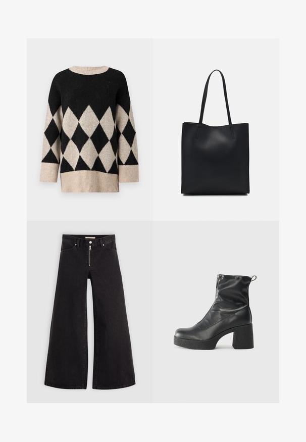 Pulover negru și crem, cu un model în diamant, guler rotund, mâneci largi și un finisaj texturat de tricot.; Jeans cu picioare largi din denim negru, cu fermoar în față, design cu cinci buzunare și detalii subtile de cusătură. Textură netedă și stil casual.; Bocanci negri de glezna din piele netedă, cu fermoar lateral, toc texturat și masiv, și design cu vârf rotund.; Geantă tote neagră din piele, cu textură netedă, formă rectangulară și două mânere lungi. Fără hardware vizibil sau ornamente.