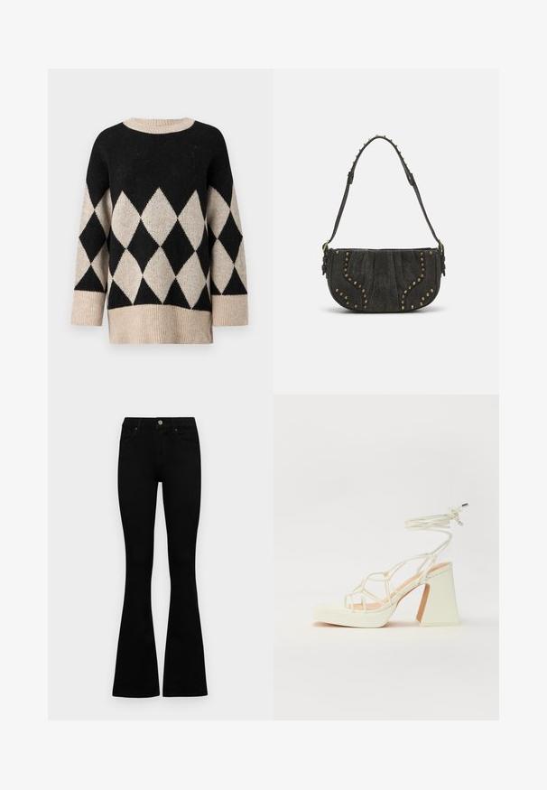 Juoda ir kreminė megzta palaidinė su deimanto raštu, apvali iškirptė, plačios rankovės ir tekstūruotas mezgimo paviršius.; Juodos aukšto liemens džinsai su mygtuku ir užtrauktuku, priekinėmis kišenėmis ir platėjančiomis kojomis, išdėstyti ant baltos fono.; Balti aukštakulniai sandalai su masyviu kulnu, su dirželių dizainu ir kulkšnies raiščiu. Lygi tekstūra su platforma priekyje, suteikianti papildomą aukštį.; Juodas zomšinės rankinės su išlenktu dizainu, su vinių akcentais ir tekstūruota paviršiumi. Reguliuojama petneša su viniukų detalėmis aplink kraštą.