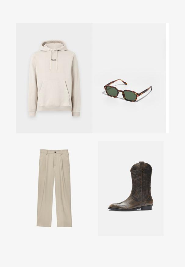 Beige Kapuzenpullover aus weichem Stoff, mit Kängurutasche, Kordelzugkapuze und kleinem schwarzem Textlogo auf der Brust.; Beige Hosen mit geradem Schnitt, ausgestattet mit einem einzelnen schwarzen Knopf, Gürtelschlaufen und Seitentaschen. Glatte Stofftextur und minimalistisches Design.; Braune Leder-Cowboystiefel mit hohem Schaft, spitzem Zehenbereich, aufwendigen Stickmustern und kleinem Absatz. Strukturierte Oberflächenbeschaffenheit.; Schildpatt-Sonnenbrille mit grünen Gläsern, in einer achteckigen Form und schlanken, gebogenen Bügeln. Das Material hat eine glänzende Oberfläche.