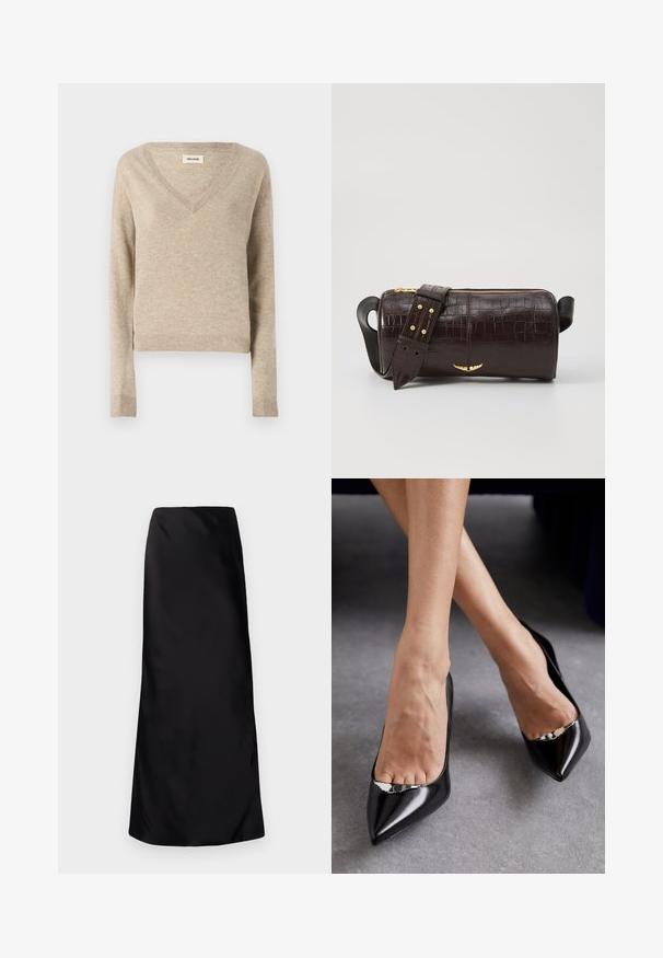 Pulover tricotat bej deschis, cu decolteu în V, mâneci lungi și tiv cu nervuri. Textură moale, design cropped și variații subtile de culoare.; Norma Kamali BIAS OBIE SKIRT - Fustă maxi - black; Pantofi negri din piele cu toc înalt, cu vârf ascuțit și design deschis, având un accent decorativ din argint. Textură netedă cu finisaj lucios.; Geantă din piele căptușită cu un model de crocodil de culoare maro, cu o formă cilindrică, accesorii de culoare aurie și un curea detasabilă cu tăieturi.